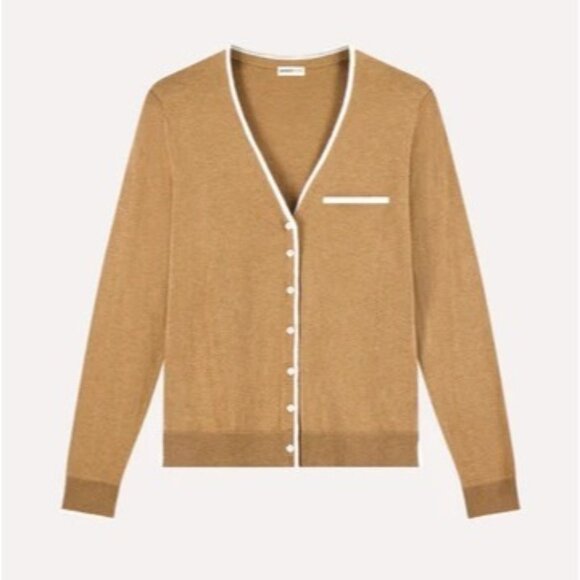 Minnie Rose Supima Cotton V Nk LS Cardi with Tipping Style 9226 in Desert Sand W